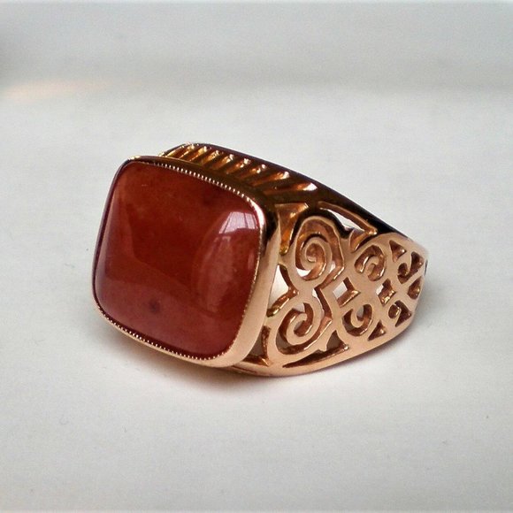 Russian USSR 14K 583 Rose Pink Gold Red Chalcedony Unisex Men's Women's Ring - Picture 3 of 10